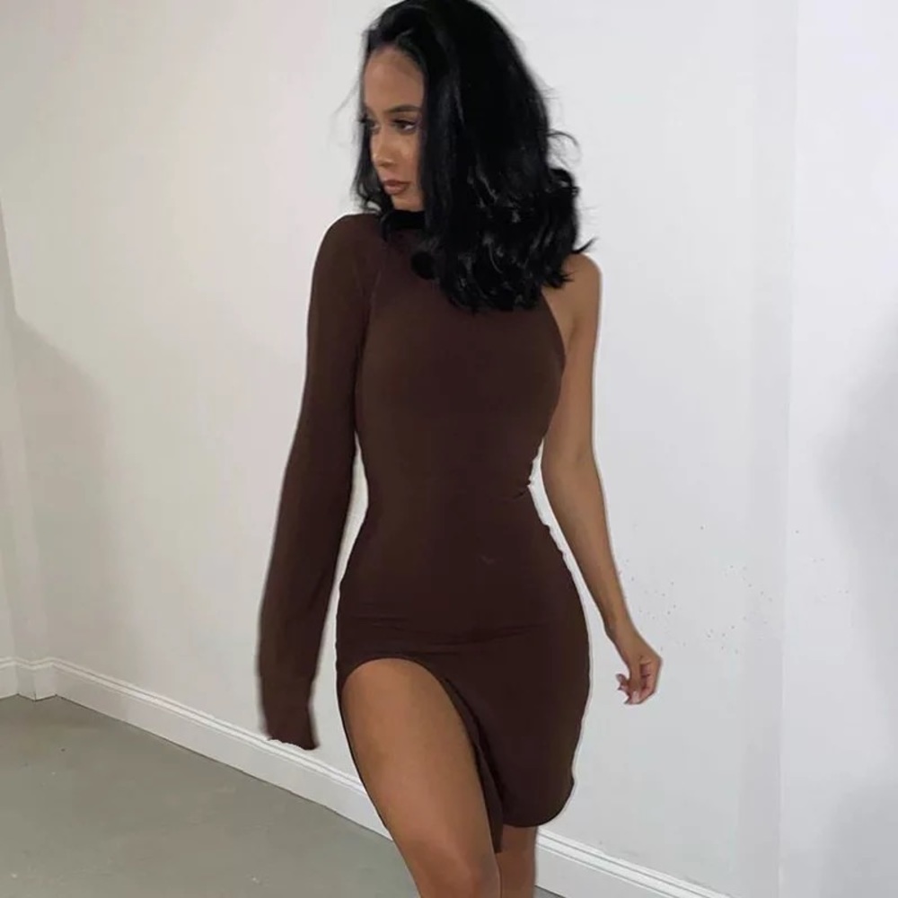 Brown one sleeve fall dress
